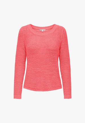 Damenpullover in korallenrosa, gestrickt, mit langen Ärmeln, Rundhalsausschnitt sowie gerippten Bündchen und Saum.