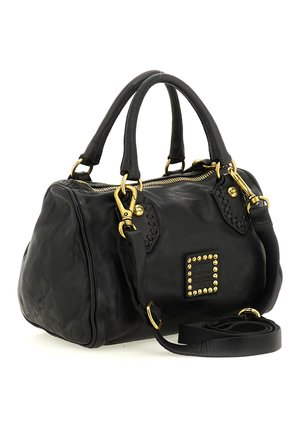 Borsa a tracolla in pelle nera con doppie maniglie, tracolla removibile, accessori dorati, chiusura con cerniera e patch quadrato decorativo con borchie.