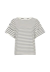 Chemise blanche à manches courtes avec des rayures horizontales noires et un col rond, coupe décontractée, avec une étiquette intérieure indiquant "Pulz Jeans".