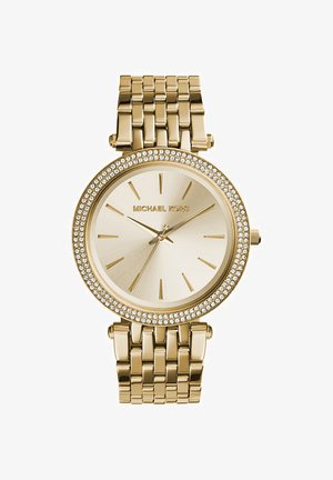 Reloj de pulsera Michael Kors en tono dorado con esfera redonda, bisel incrustado de cristales, marcadores de hora dorados y brazalete metálico enlazado.