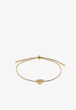 Regulowana bransoletka w odcieniu złota z plecionym wzorem i zawieszką w kształcie serca ozdobioną małymi, przezroczystymi kryształkami.