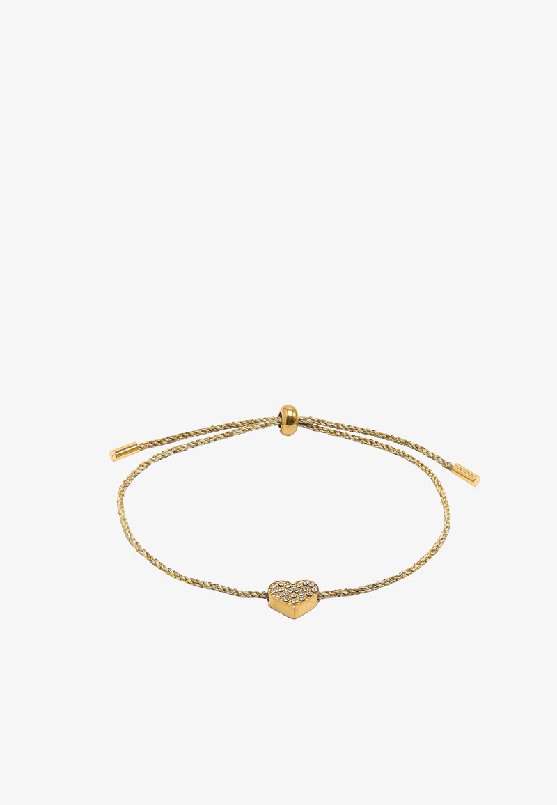 Regulowana bransoletka w odcieniu złota z plecionym wzorem i zawieszką w kształcie serca ozdobioną małymi, przezroczystymi kryształkami.