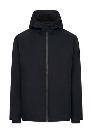 Giacca nera con cappuccio con zip frontale completa, maniche lunghe e patch sulla parte superiore della manica sinistra, progettata per resistere alle intemperie.