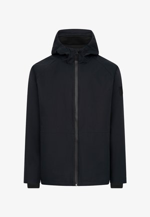 Giacca nera con cappuccio con zip frontale completa, maniche lunghe e patch sulla parte superiore della manica sinistra, progettata per resistere alle intemperie.