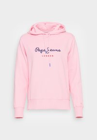 Sudadera rosa claro con cordones frontales y el logo bordado de "Pepe Jeans London" en azul marino y rojo en el pecho.