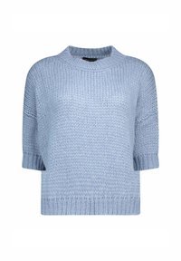 Lichtblauwe gebreide pullover trui met een ronde hals, korte mouwen en geribbelde manchetten. Heeft een textuursteekpatroon.