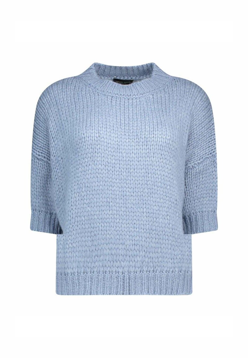 Lichtblauwe gebreide pullover trui met een ronde hals, korte mouwen en geribbelde manchetten. Heeft een textuursteekpatroon.