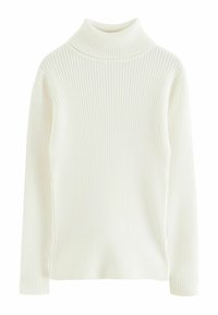 Pull en col roulé blanc avec une texture côtelée. Manches longues et coupe ajustée. Pas de motifs visibles ni de détails matériels.