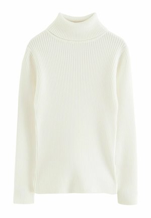 Pull en col roulé blanc avec une texture côtelée. Manches longues et coupe ajustée. Pas de motifs visibles ni de détails matériels.