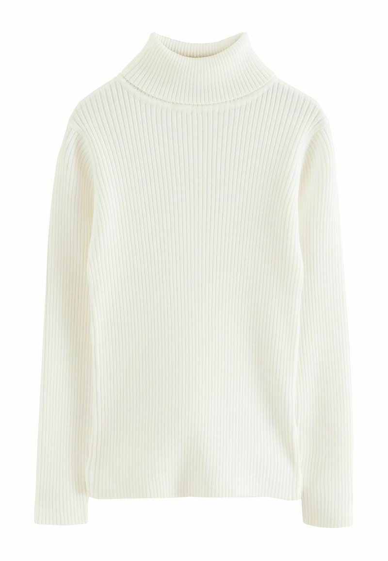 Pull en col roulé blanc avec une texture côtelée. Manches longues et coupe ajustée. Pas de motifs visibles ni de détails matériels.