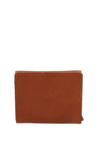 Braune Lederbrieftasche mit sichtbarer Naht, geschlossen und von vorne auf weißem Hintergrund gezeigt.