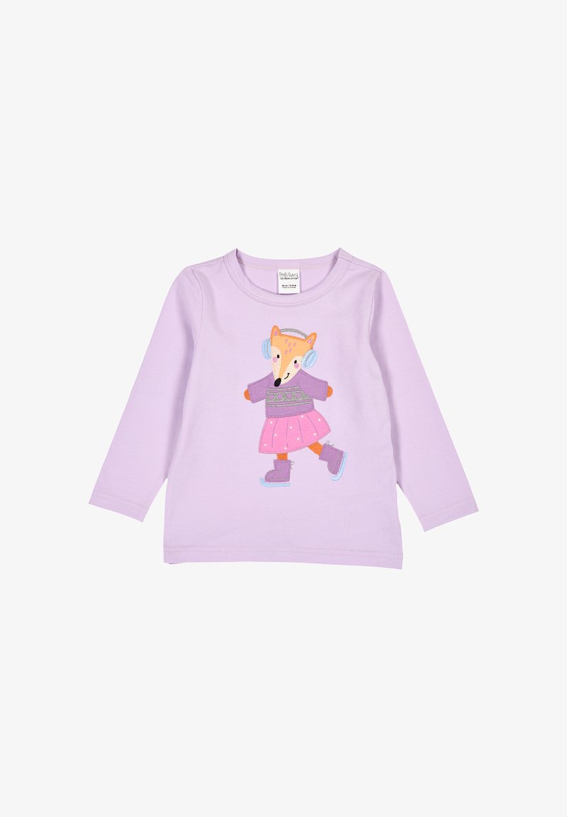 Langärmliges Lavendelhimmelshemd mit einer gestickten Füchsin, die Kopfhörer trägt, einem pinken Rock und lila Stiefeln, verziert mit dekorativen Mustern.