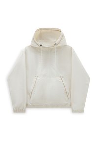 Hvid pullover hoodie med en tekstureret overflade, stor frontlomme, elastiske manchetter og justerbar snoretræk i hætten. Har kontrasterende syninger.