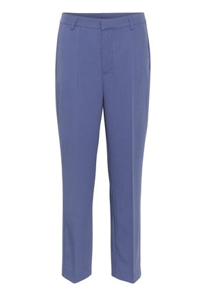 Tailored blue trousers with a straight leg design, clean front pleats, and a smooth texture. Features a standard waistband and no visible hardware.