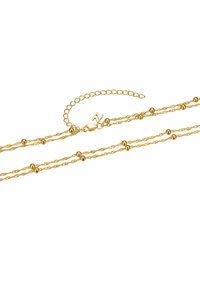 Goldplattierte, mehrlagige Kettenhalskette mit gedrehten Strängen und runden Perlenakzenten. Mit einem Karabinerverschluss und einer Verlängerungskette.