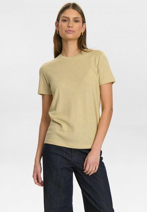 Light yellow short-sleeve t-shirt with a ribbed texture, round neckline, and a relaxed fit, paired with dark denim pants.
