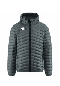 Giacca imbottita con cappuccio di colore grigio scuro, caratterizzata da motivi a zigzag, chiusura frontale con zip e un logo bianco sul petto. Tessuto morbido e leggero.