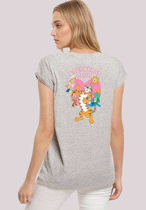 Graues Kurzarm-T-Shirt mit einem bunten Cartoon-Druck auf der Rückseite, der verschiedene Figuren und den Text "BREAKFAST CLUB" zeigt.