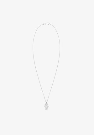 Srebrna ogrlica s privjeskom u obliku ruke s pažljivo izrađenim detaljima. Lanac je tanak i delikatan, čime nadopunjuje dizajn privjeska.