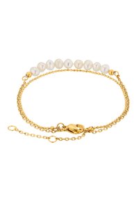 Armbanduhr aus goldfarbenem Metall mit einer Reihe weißer Perlen entlang der Oberseite, strukturierten Gliedern und einem Karabinerverschluss. Längenverstellbar.
