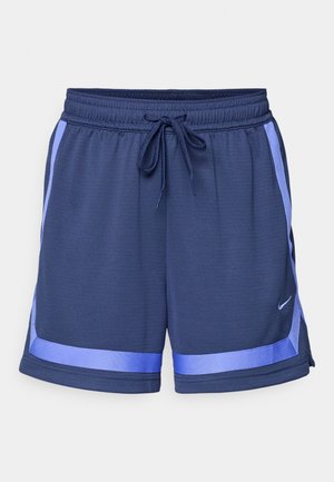 Marineblaue Sportshorts mit hellblauen Seitestreifen, elastischem Bund und verstellbarem Kordelzug. Aus feuchtigkeitsableitendem Material gefertigt.