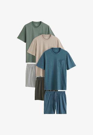 Four sets of casual wear: two short-sleeve t-shirts in green, beige, and blue, paired with matching shorts in gray and dark green.