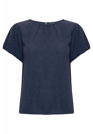 Top blu navy a maniche corte con scollatura rotonda, tessuto morbido e testurizzato, pieghe discrete sulle spalle e chiusura a chiave sul retro.