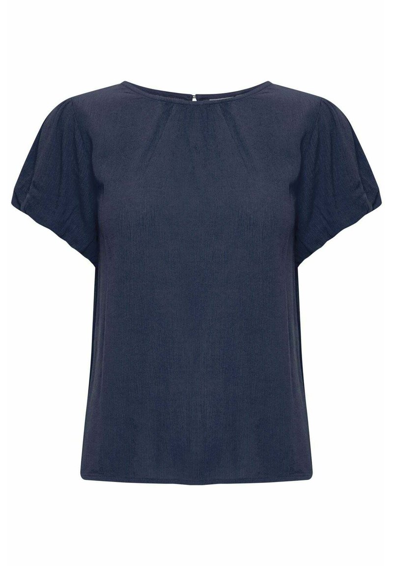 Top blu navy a maniche corte con scollatura rotonda, tessuto morbido e testurizzato, pieghe discrete sulle spalle e chiusura a chiave sul retro.