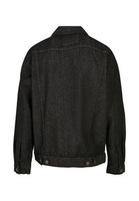 Svart denimjakke med klassisk design. Har krage, knappede mansjetter og to knappdetaljer i livet. Teksturert stoff.