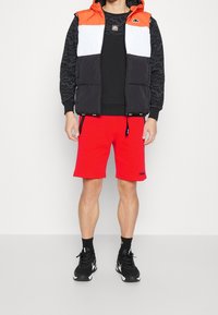 Persona vestida con un chaleco de plumas sin mangas en naranja, blanco y negro, una camiseta negra de manga larga, pantalones cortos rojos, calcetines negros y zapatillas negras.