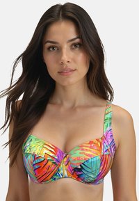Bikini colorato con un motivo di foglie tropicali nei vivaci colori verde, rosa e arancione. Progettato con stecche e spalline regolabili.