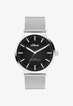 Montre quartz noire avec un bracelet à mailles argenté, boîtier rond en acier inoxydable, et des repères minimalistes. Résistante à l'eau jusqu'à 50 mètres.