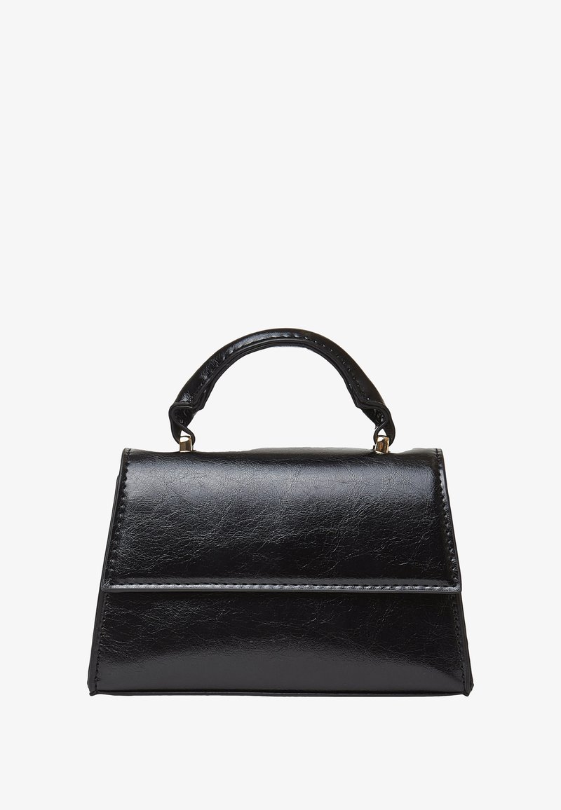 Borsa nera con una forma strutturata, realizzata in pelle lucida. Presenta un manico superiore e dettagli di cucitura discreti. Nessun hardware visibile.