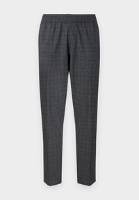 Tmavě šedé vzorované kalhoty s elastickým pasem, slim fit a jemným kostkovaným designem, vyrobené z lehké tkaniny.