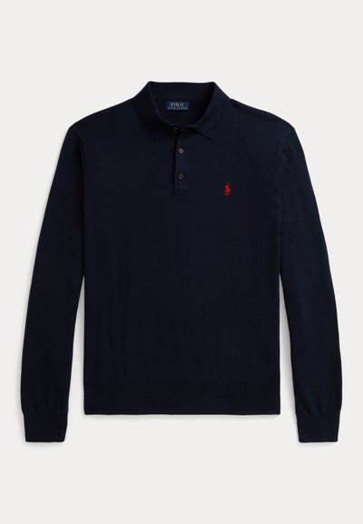 Navy long-sleeve polo shirt made of soft fabric, featuring a classic collar, three buttons, and a small red horse logo on the chest.