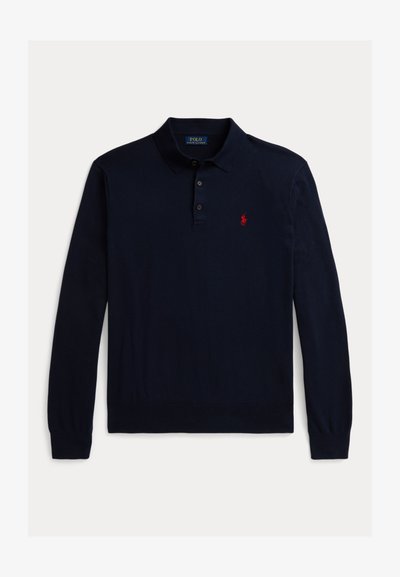 Navy long-sleeve polo shirt made of soft fabric, featuring a classic collar, three buttons, and a small red horse logo on the chest.