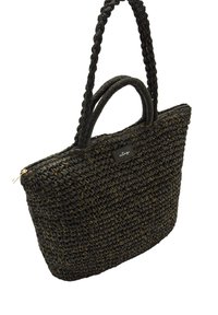 Borsa a spalla intrecciata nera con forma strutturata, caratterizzata da manici intrecciati, dettagli in filo d'oro e chiusura con zip.