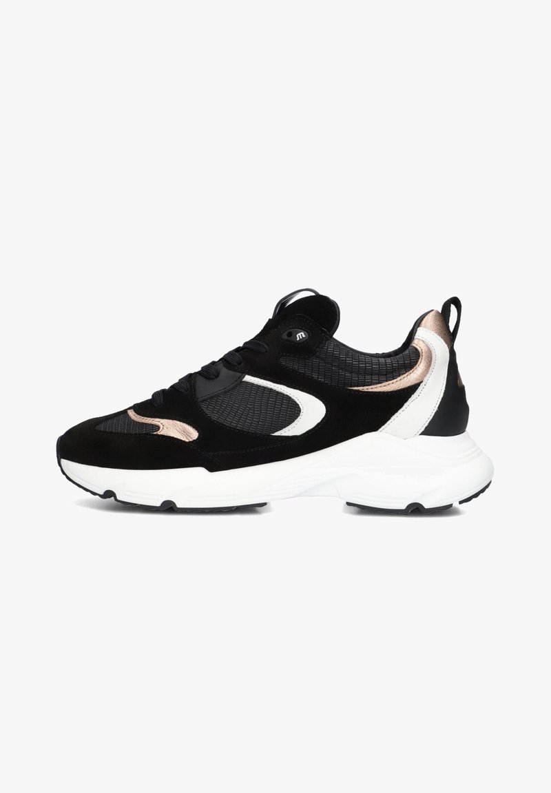 Black suede and mesh sneaker featuring white and rose gold accents, rounded shape, lacing system, and textured side panel detailing.