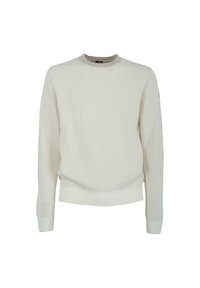 Maglione a coste color crema con maniche lunghe, scollo rotondo e tessuto testurizzato. Presenta un accento a contrasto color sabbia al colletto.