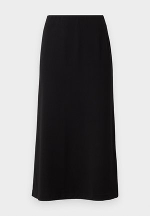 Schwarze Midikleid mit glatter Textur, elastischem Bund und leicht ausgestelltem Schnitt, in einfarbigem Design ohne Muster oder Verzierungen.