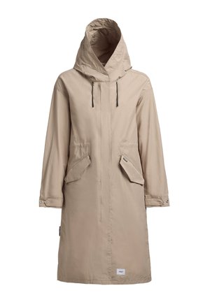 Vesimäntävä beige takki suurella hupulla, säädettävillä nyöreillä ja kahdella etutaskulla. Varusteena vetoketjukiinnitys ja lyhyet napit.