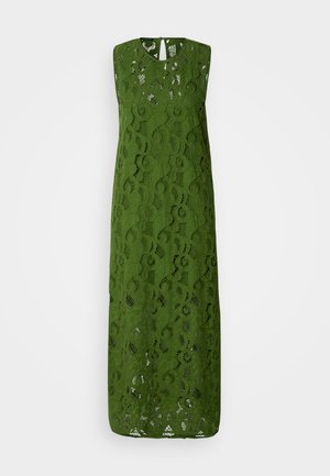 Vestito green senza maniche in pizzo con motivo floreale, scollatura rotonda e dettaglio a chiave sulla schiena, caratterizzato da una silhouette lunga e fluida.