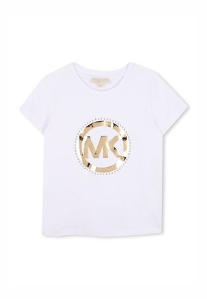 Wit T-shirt met korte mouwen en een ronde hals met een metalen gouden "MK"-logo omringd door kleine gouden studs aan de voorkant.