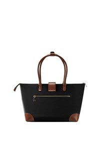 Borsa tote nera con accenti in pelle marrone, tasca con zip e due manici robusti. Forma rettangolare con angoli arrotondati. Texture liscia.