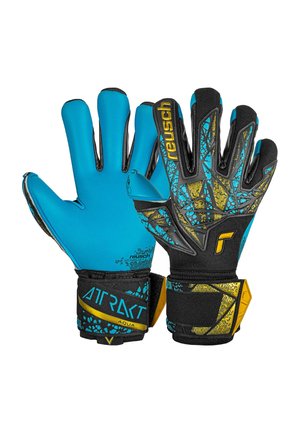 Pair of blue and black Reusch goalkeeper gloves with yellow geometric patterns and wrist straps labeled "ATRAKT AQUA."