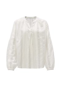 White long-sleeve blouse with vertical thin gray stripes, gathered neckline, and tie closure at the front.