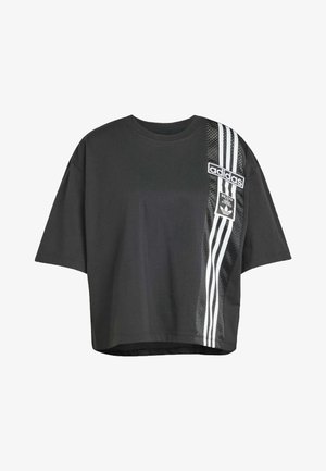 Black cropped t-shirt made of cotton, featuring a crew neck, short sleeves, and a white adidas logo with three white stripes on one side.