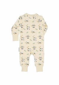 Krämfärgad babyromper med långa ärmar, med manchetter vid handleder och anklar, med en lekfull panda- och bambuprint över hela.