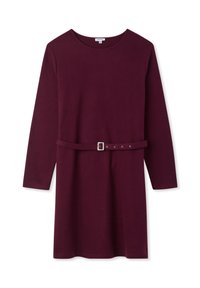 Abito bordeaux a maniche lunghe con scollatura rotonda e cintura in tessuto con fibbia argentata, di lunghezza media e texture morbida.