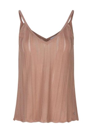 Débardeur en maille sans manches rose beige avec fines bretelles, encolure en V et rayures texturées verticales.